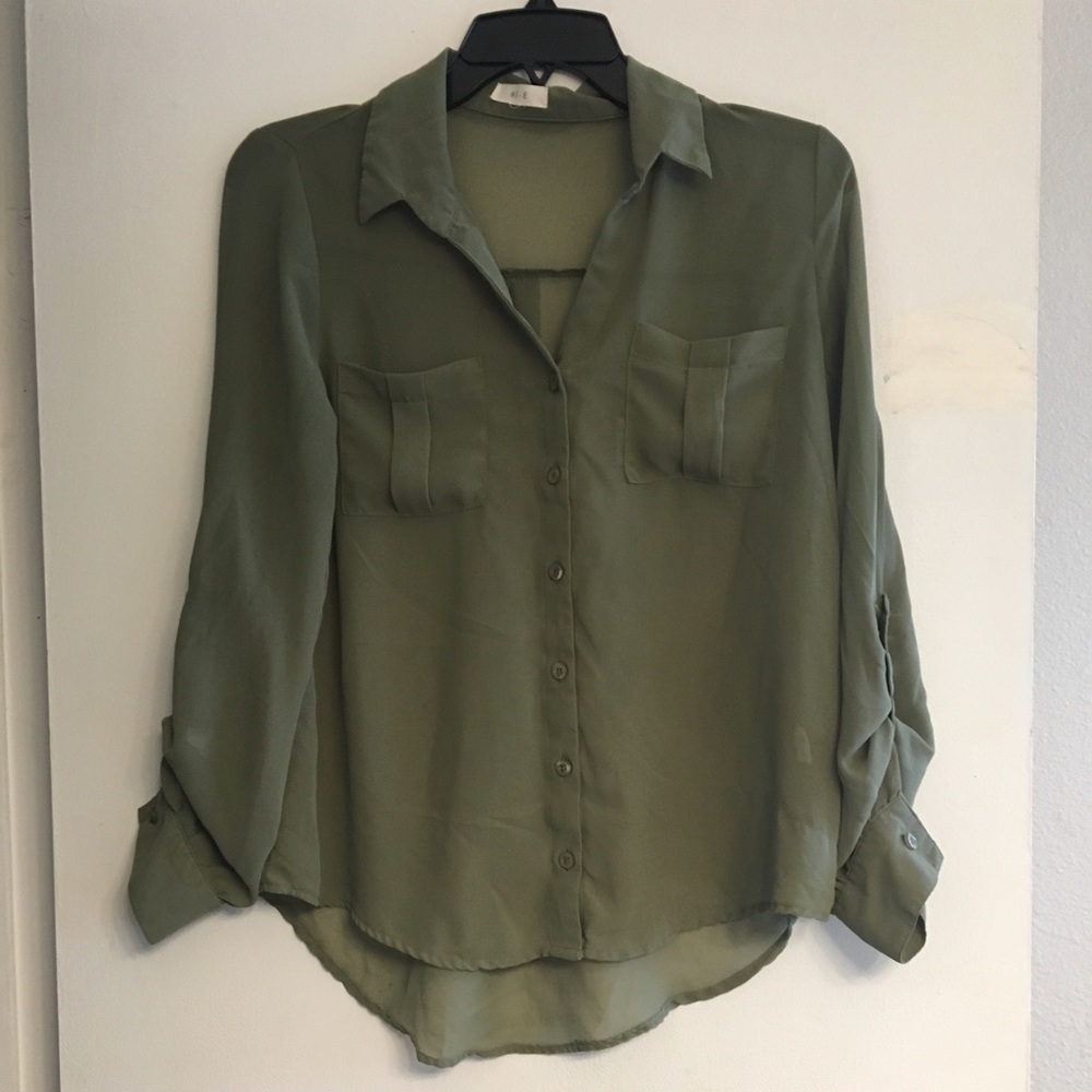 Sheer Army Green Button Up Blouse